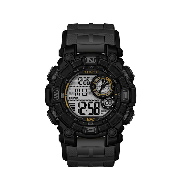 Rugged black digital sports watch with multiple display features.