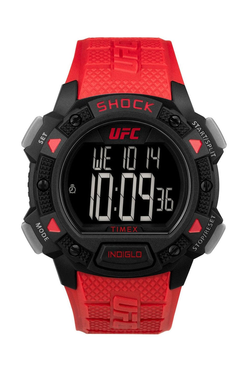 Red and black digital sports watch with UFC branding.