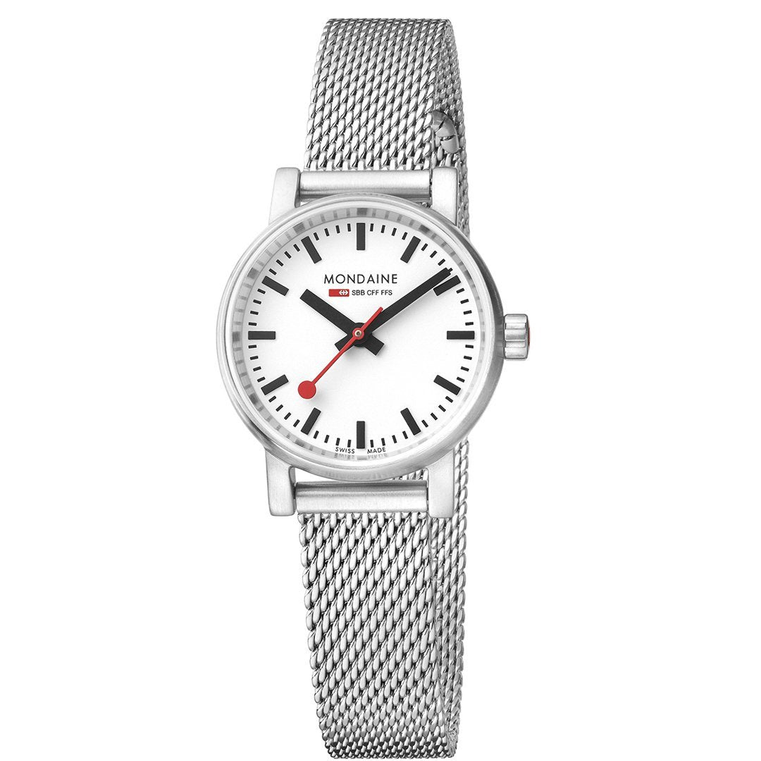 Sleek silver wristwatch with a white face and mesh metal band.