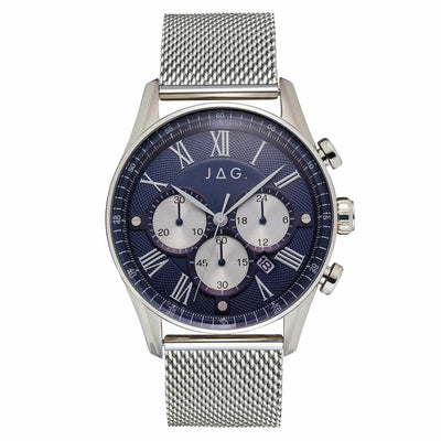 Stylish men’s wristwatch with a blue dial and silver mesh band.