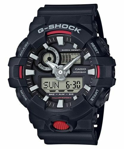 G-Shock digital-analog watch with a black case and red accents.