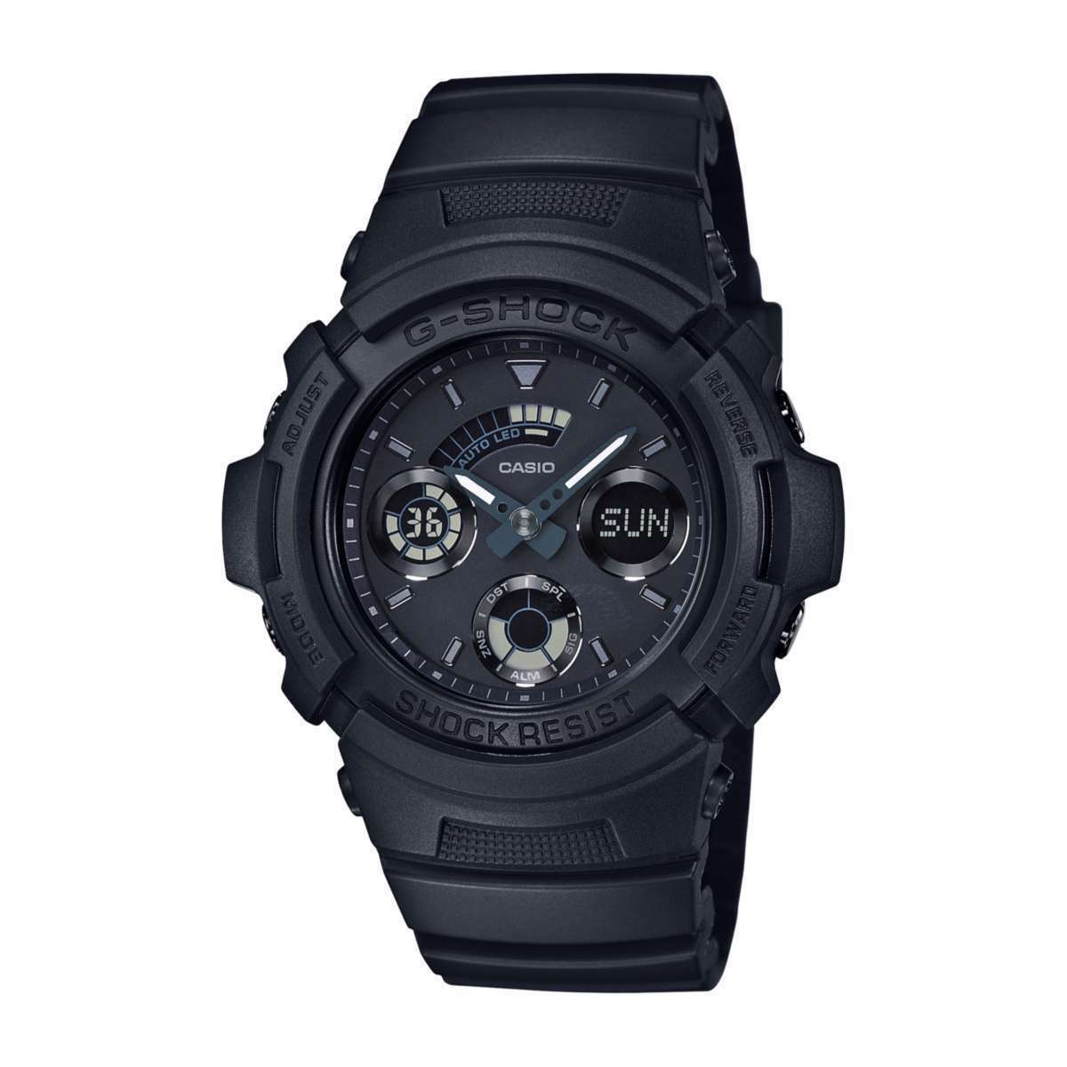 Black G-Shock digital wristwatch with multiple subdials.