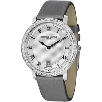 Frederique Constant Slim Line Silver Guilloche Dial Grey Satin Womens Watch