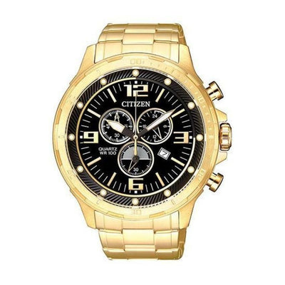 Citizen Gold Tone Chronograph Stainless Steel Black Dial Mens Watch