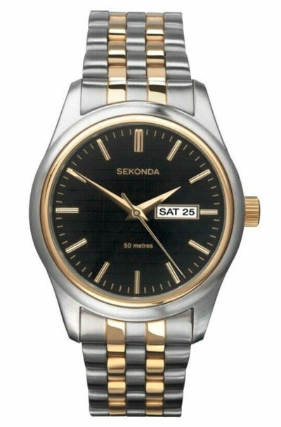 Two-tone wristwatch with a black dial and day-date display.