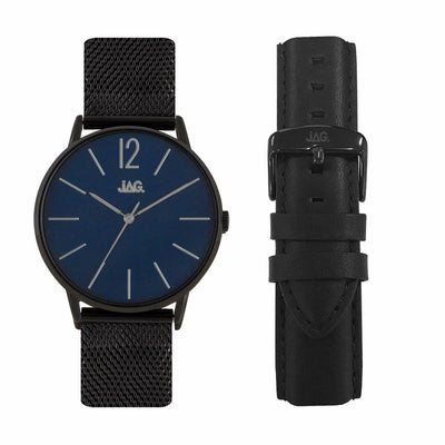 Wristwatch with a blue dial and black mesh strap, accompanied by an additional black leather strap.