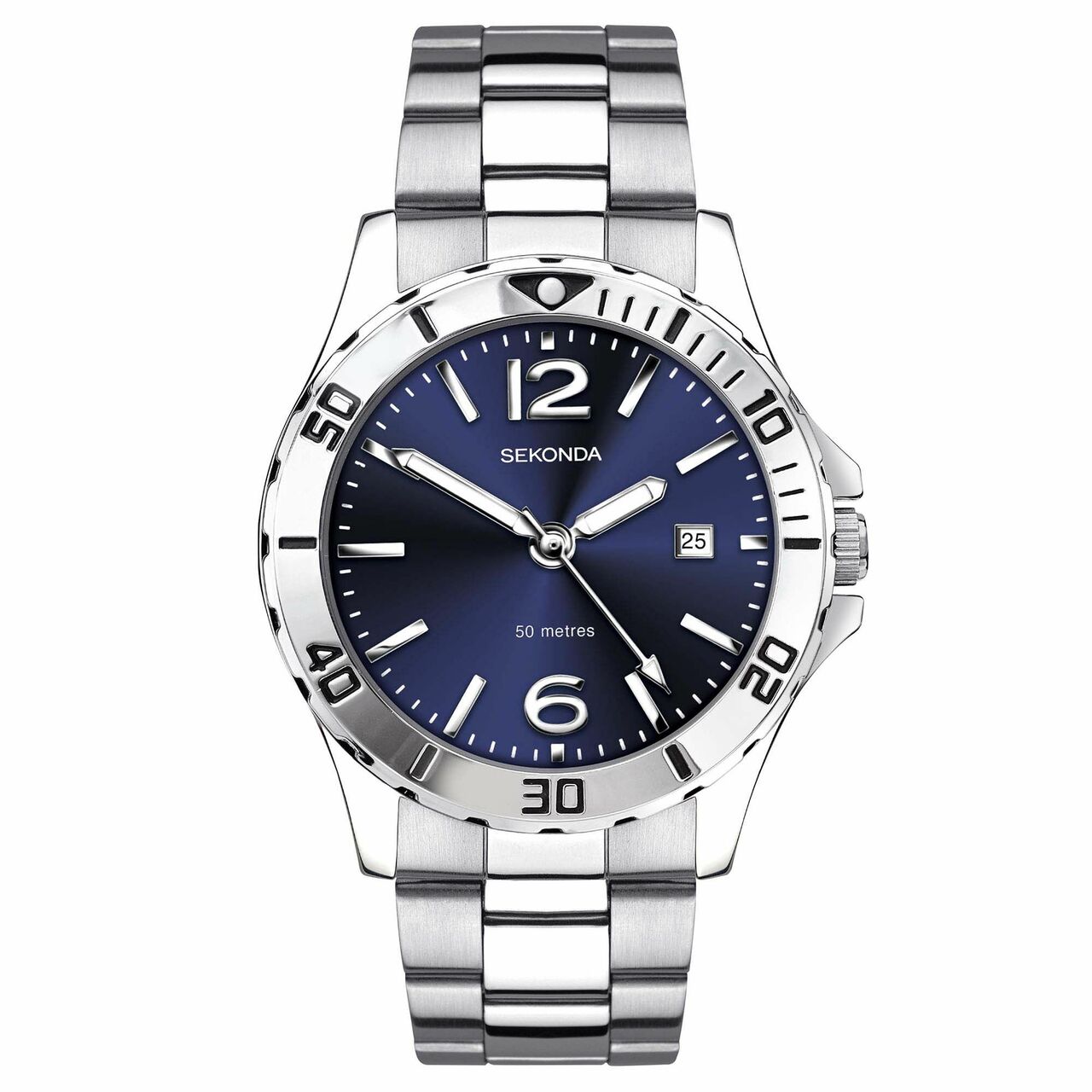 Stainless steel wristwatch with a blue dial and rotating bezel.