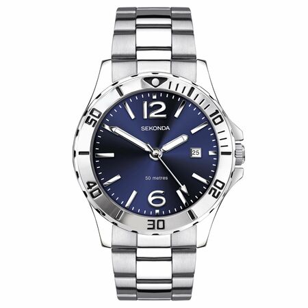 Silver wristwatch with a blue dial and rotating bezel.