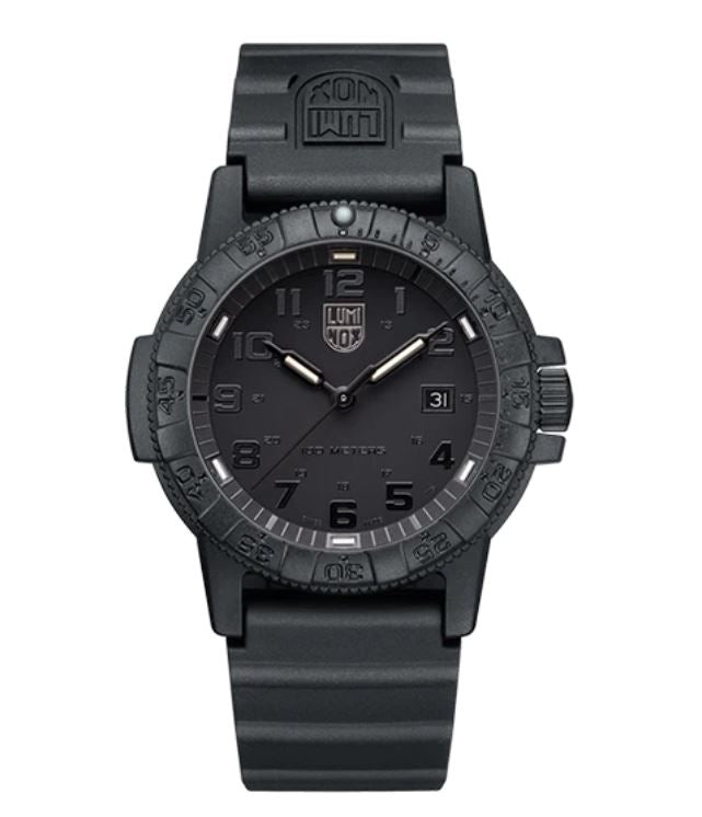 Black tactical wristwatch with a rubber strap and luminous markings.