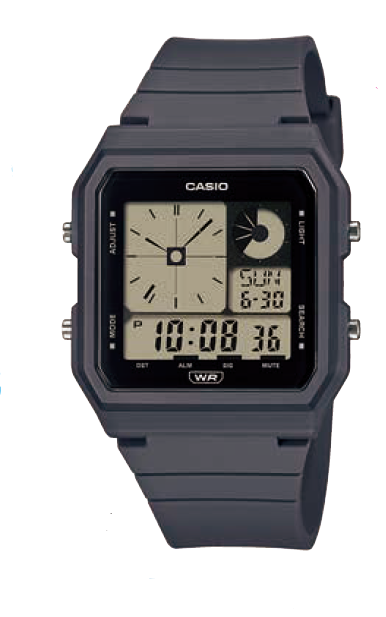 Casio digital wristwatch with a square face and gray plastic band.