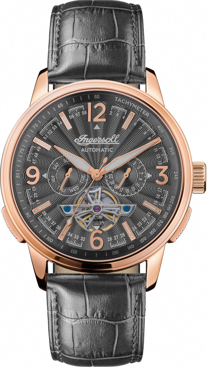 Luxury wristwatch with a rose gold case, black leather strap, and intricate skeleton dial displaying gears and mechanisms.