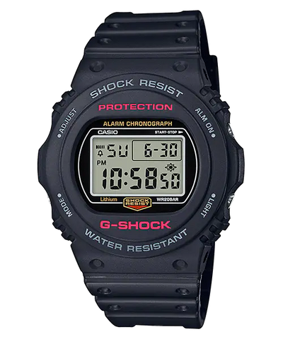 Black G-Shock digital wristwatch with a rectangular display and rugged design.