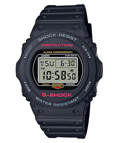 Black G-Shock digital wristwatch with a rectangular display and rugged design.