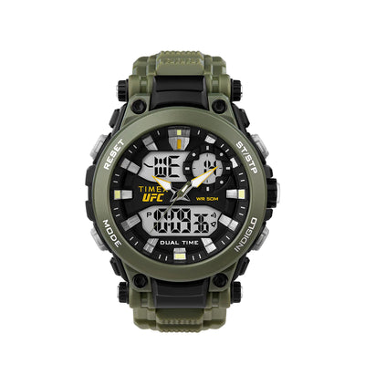 Rugged military-style digital wristwatch with a green and black color scheme.