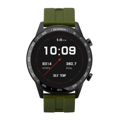 Smartwatch with a black case and olive green strap displaying digital time and fitness data.