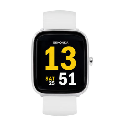 White smartwatch with a square display showing the time 13:51 and ’SAT 25’’ on a black background.