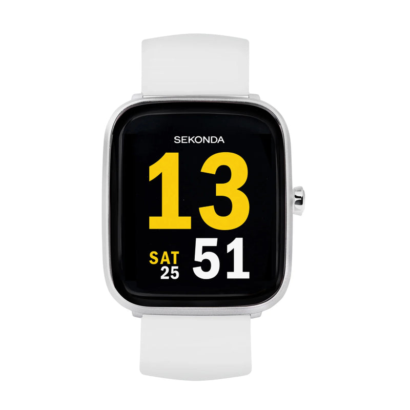 White smartwatch with a square display showing the time 13:51 and ’SAT 25’’ on a black background.