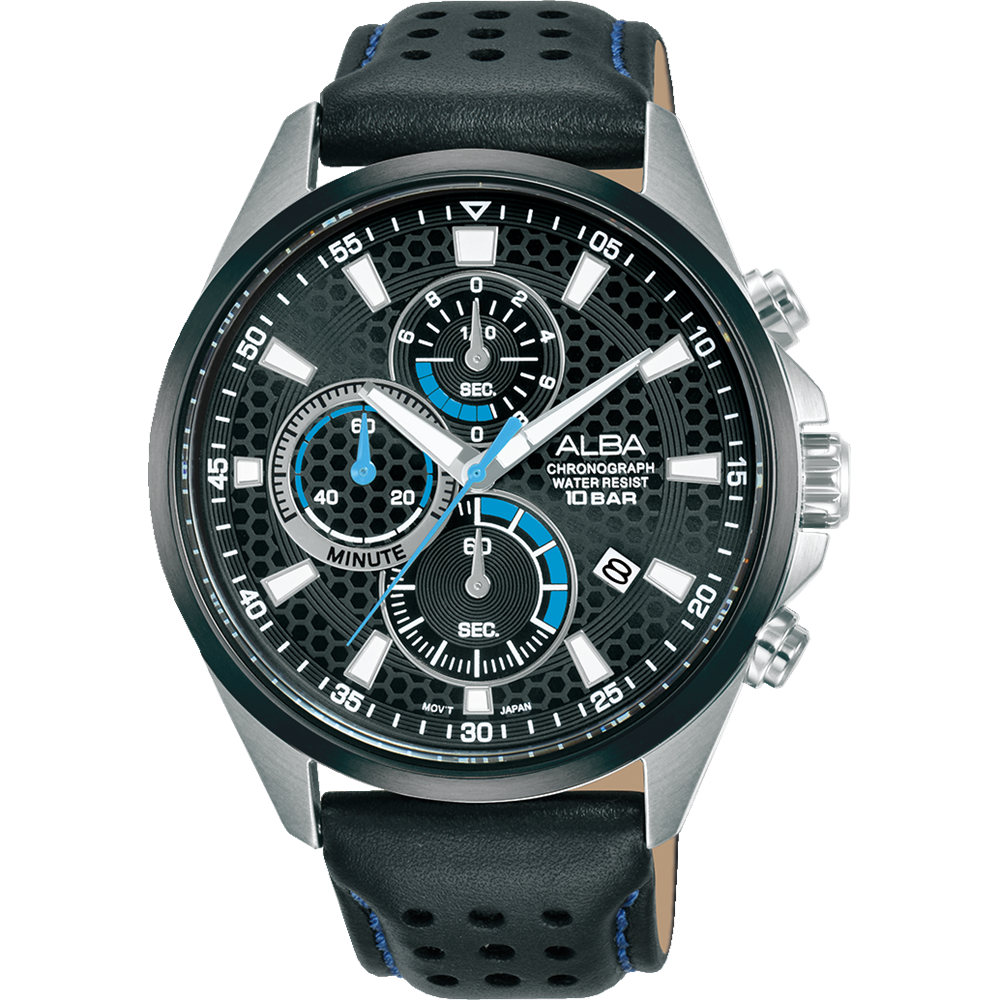 Stylish men’s chronograph wristwatch with a black dial and leather strap.