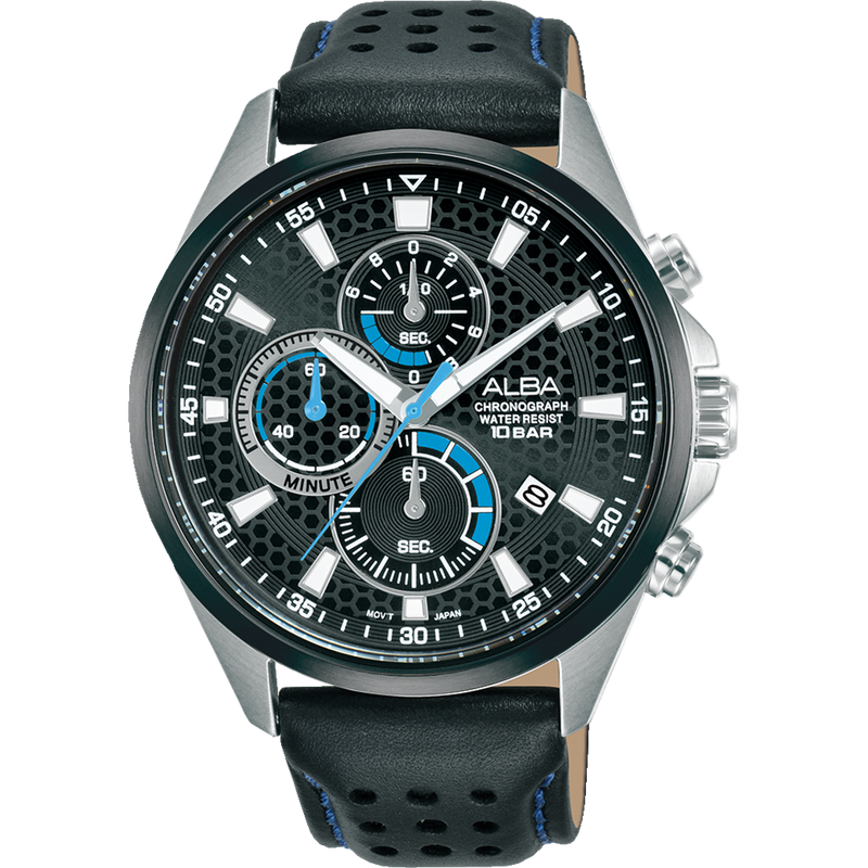 Stylish men’s chronograph wristwatch with a black dial and leather strap.