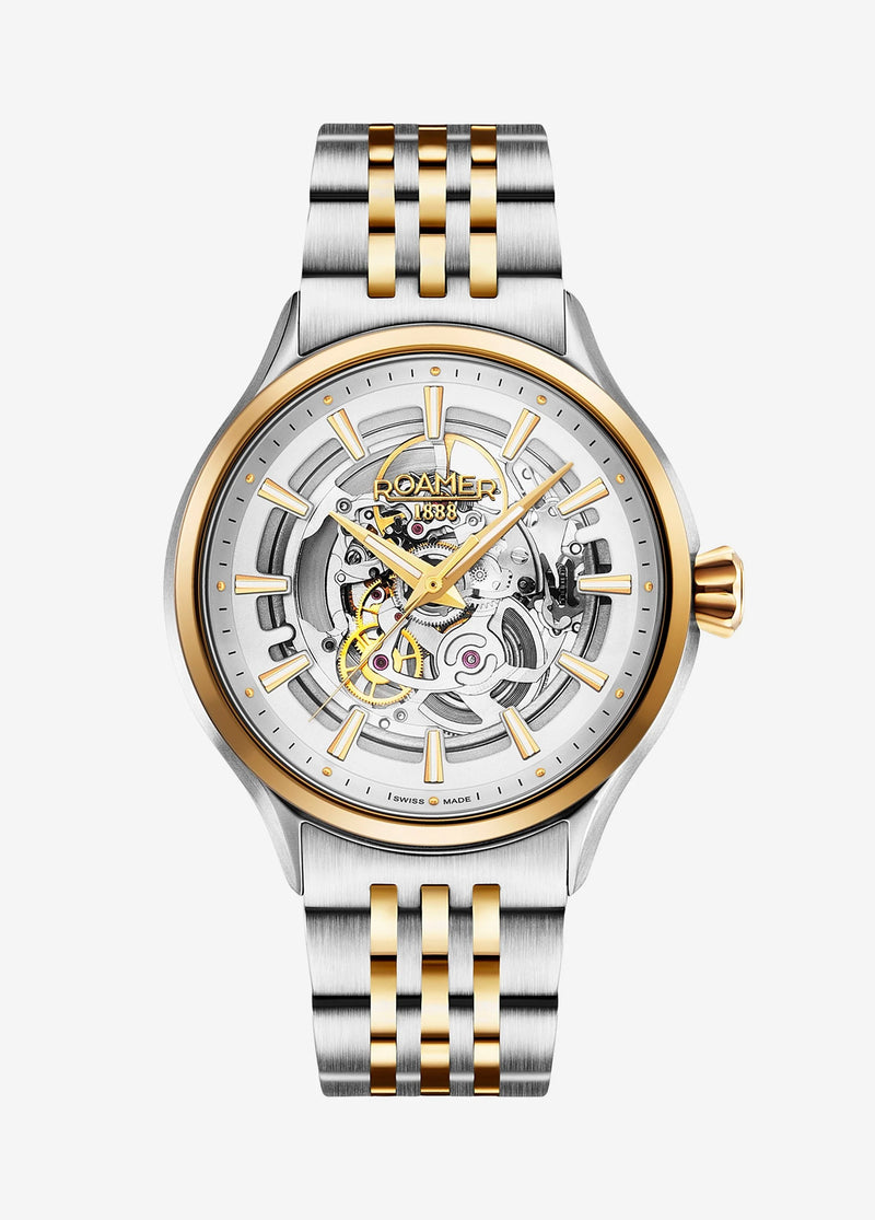 Luxury wristwatch with a skeleton dial and two-tone metal bracelet.