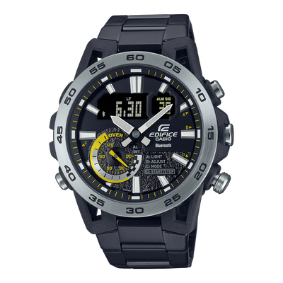 Sleek black and silver Casio Edifice wristwatch with multiple dials and digital display.