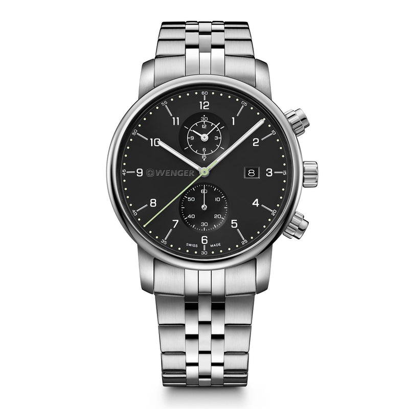 Stainless steel wristwatch with a black dial and chronograph subdials.