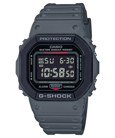 Casio G-Shock digital wristwatch with a gray resin band and square display.