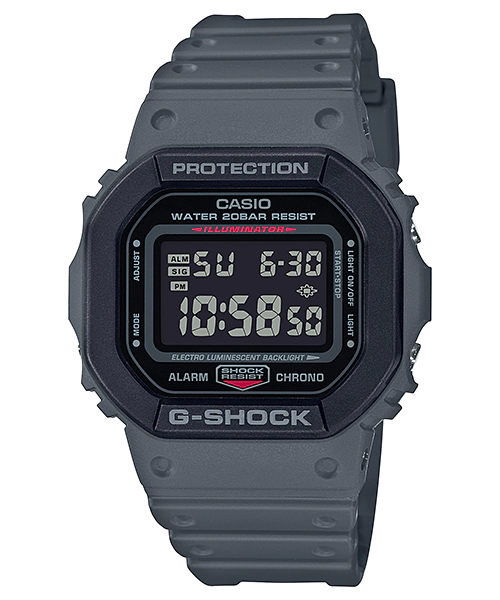 Casio G-Shock digital wristwatch with a gray resin band and square display.