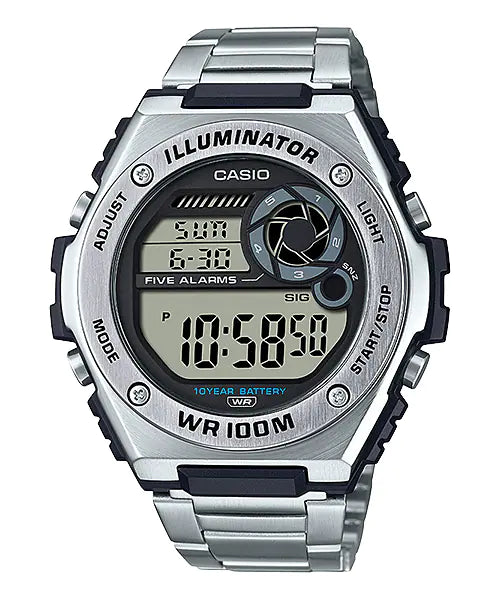 Digital sports watch with a metallic silver band and round face displaying multiple functions.