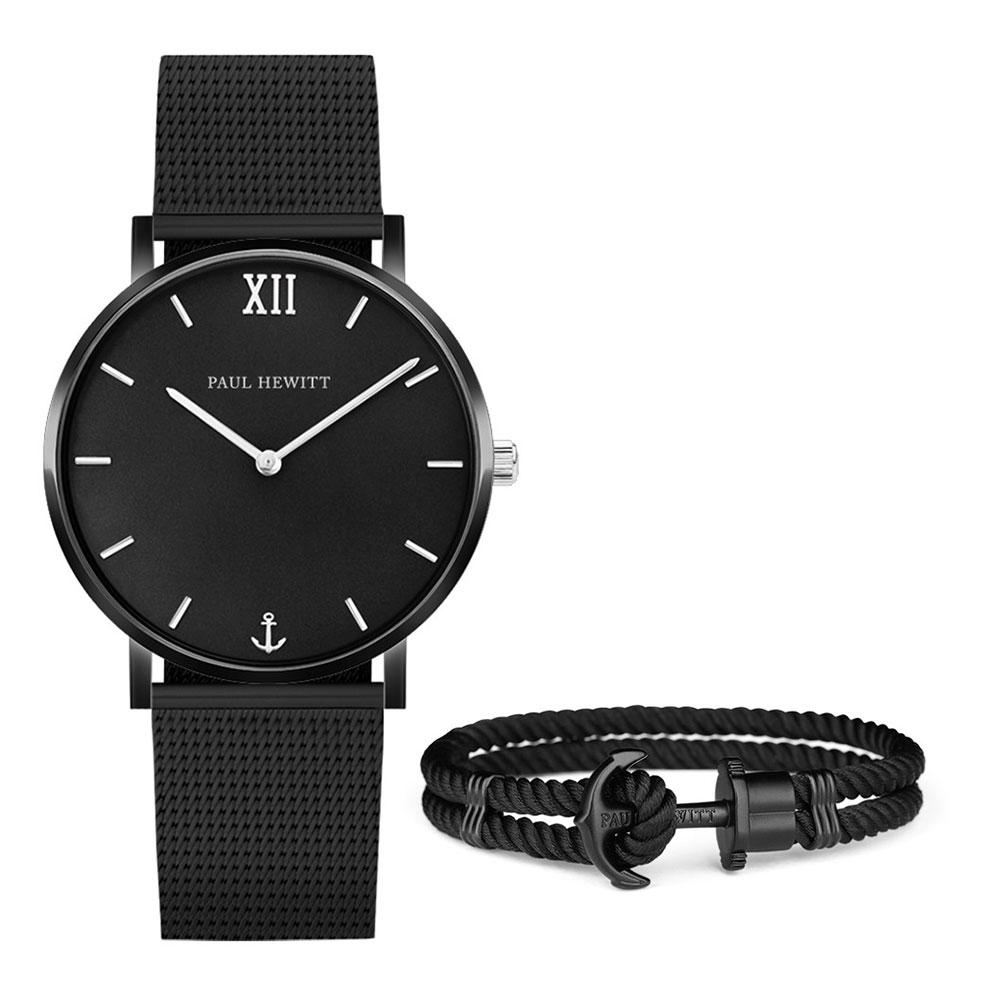 Sleek black wristwatch with a minimalist design and mesh strap.