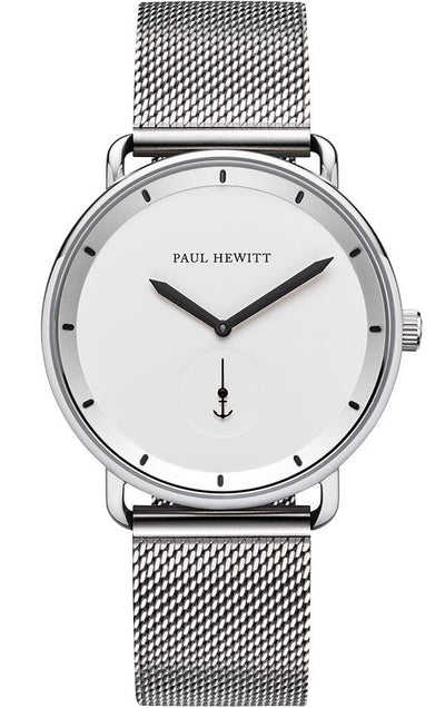 Sleek silver wristwatch with a white face and mesh metal band.