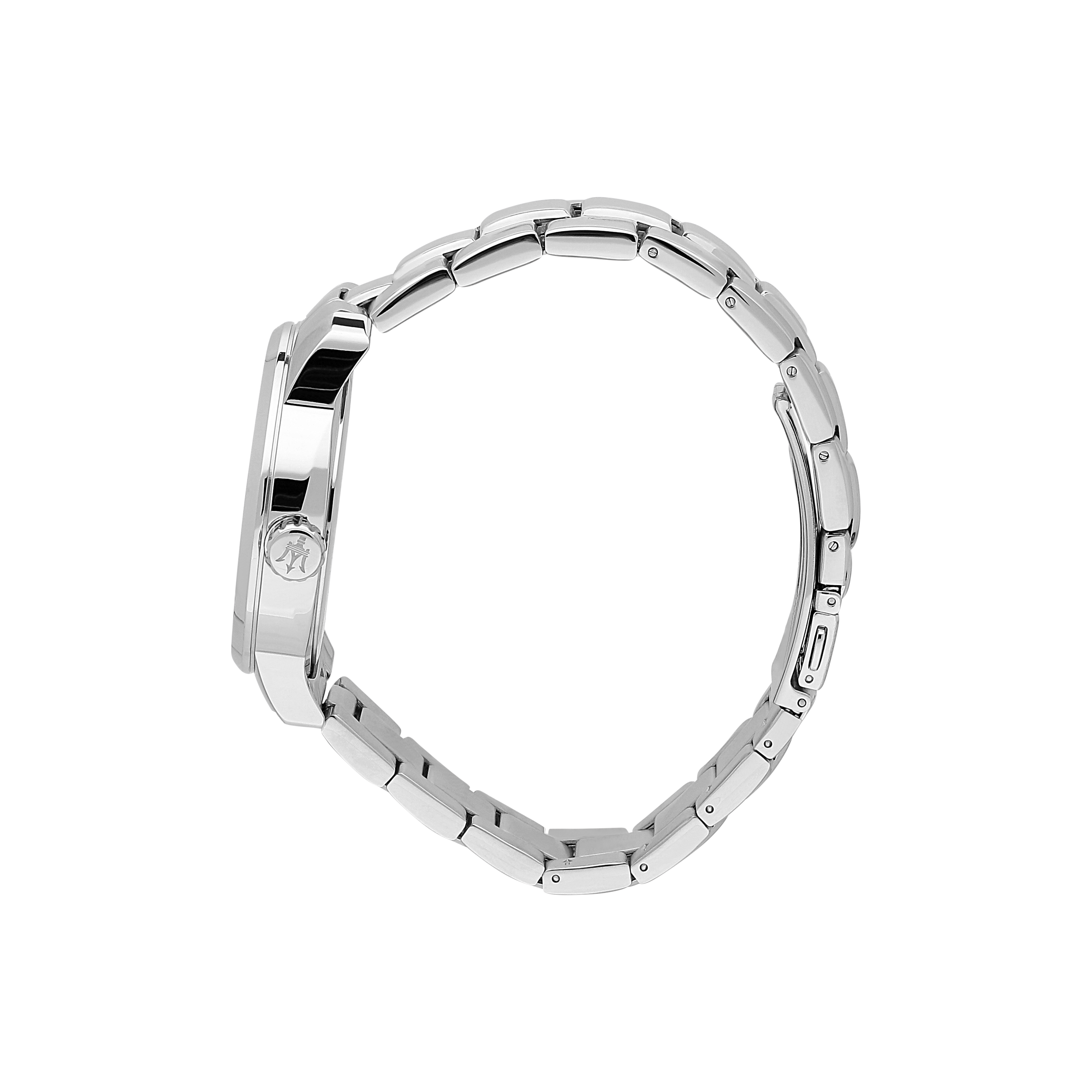 Silver wristwatch with a metal link bracelet.