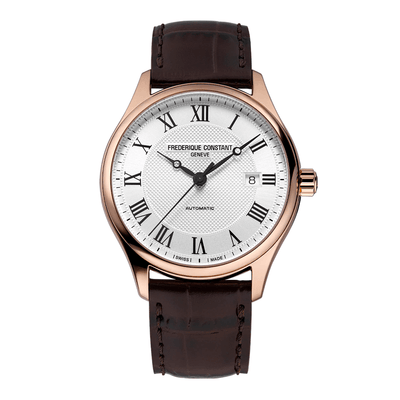 Elegant wristwatch with a rose gold case, white dial, and brown leather strap.