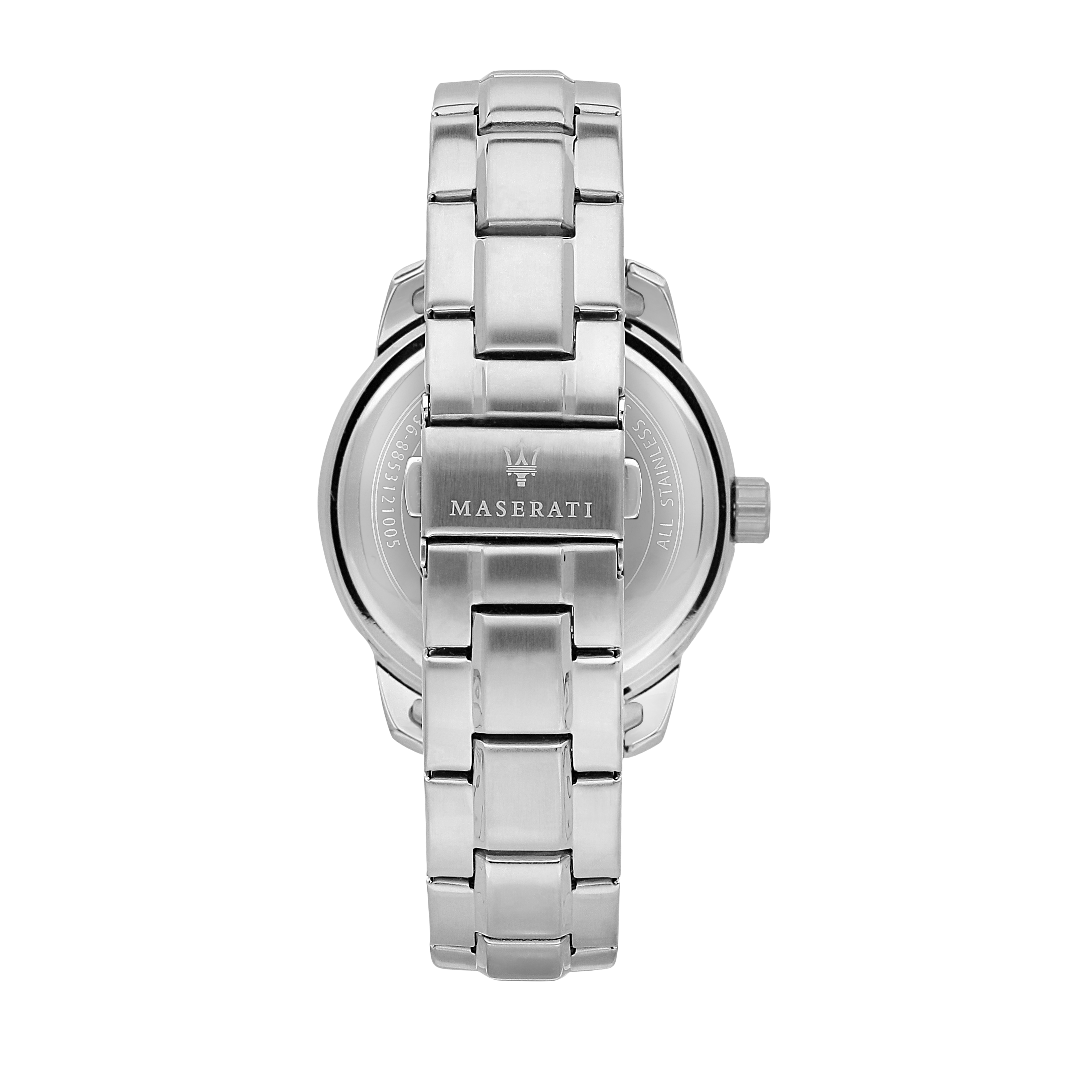 Silver wristwatch with a metal bracelet and Maserati branding on the caseback.