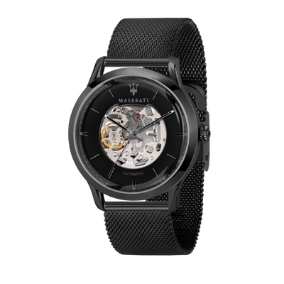 Black luxury wristwatch with a visible skeleton mechanism and mesh metal band.