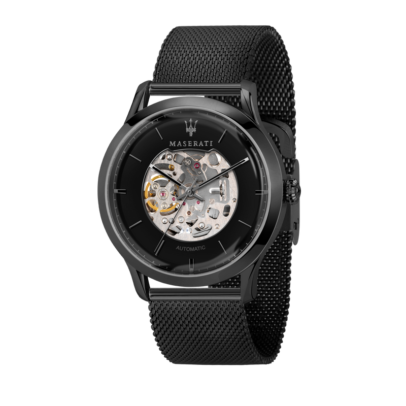 Black luxury wristwatch with a visible skeleton mechanism and mesh metal band.