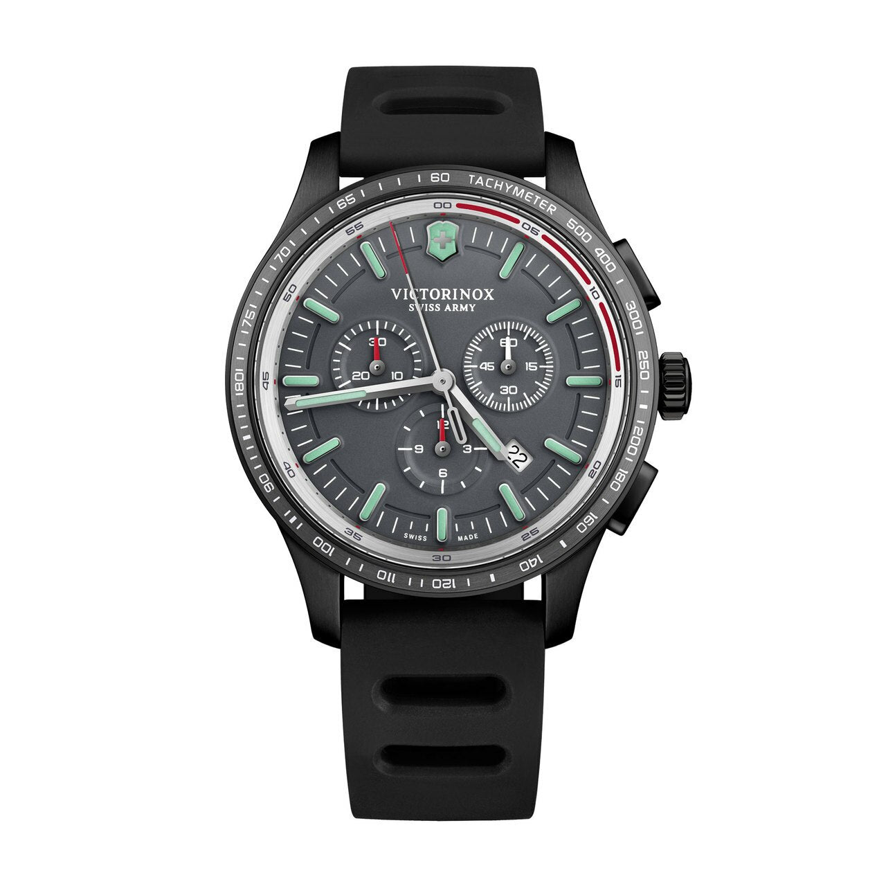 Black Victorinox chronograph wristwatch with a rubber strap and green accents on the dial.
