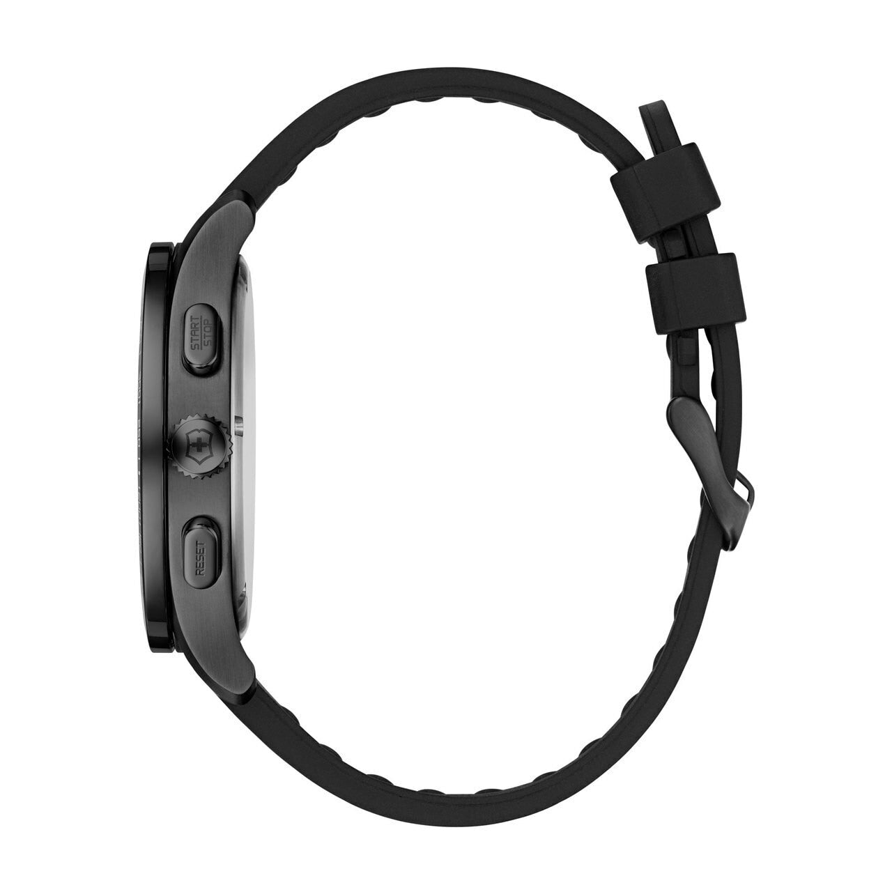 Black smartwatch with a round face and textured rubber strap.