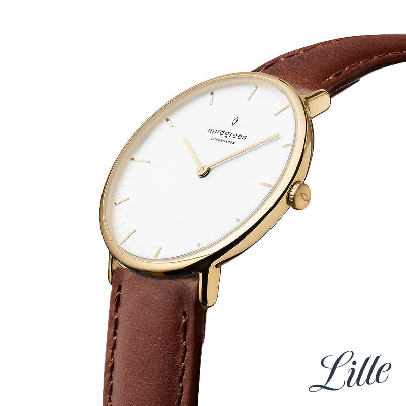 Elegant wristwatch with a gold case, white dial, and brown leather strap.