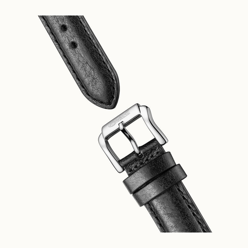 Black leather watch strap with a silver buckle.