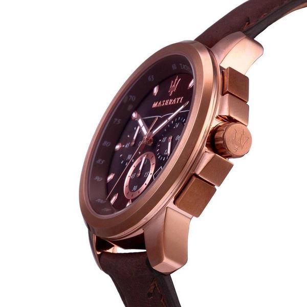Rose gold wristwatch with a brown leather strap and chronograph subdials on the face.