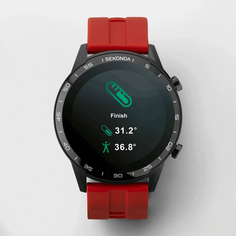 Smartwatch with a black face and red strap displaying fitness data.