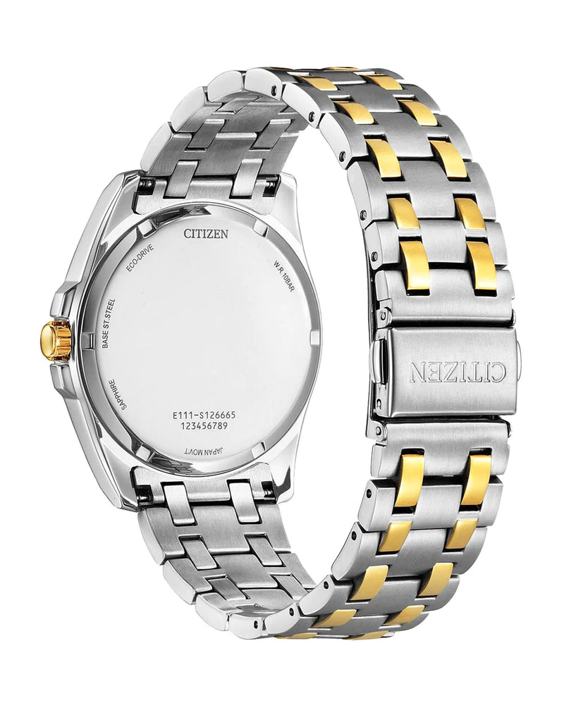 Wristwatch with a two-tone metal bracelet featuring silver and gold-colored links.