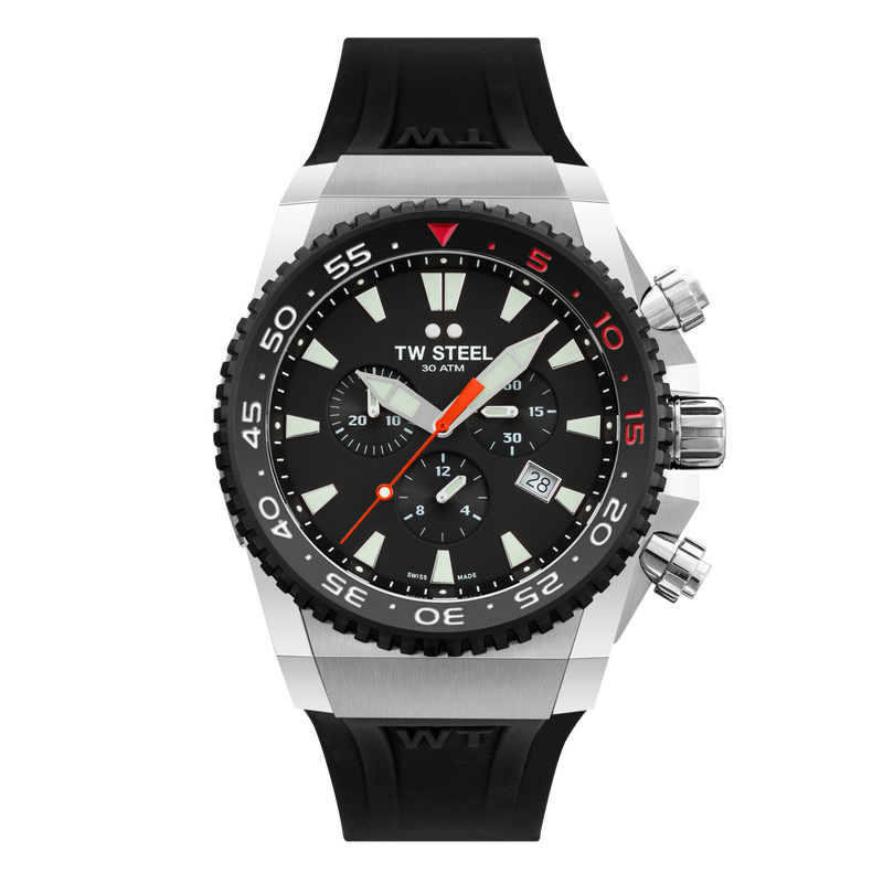 Sporty chronograph wristwatch with a black dial, rotating bezel, and rubber strap.