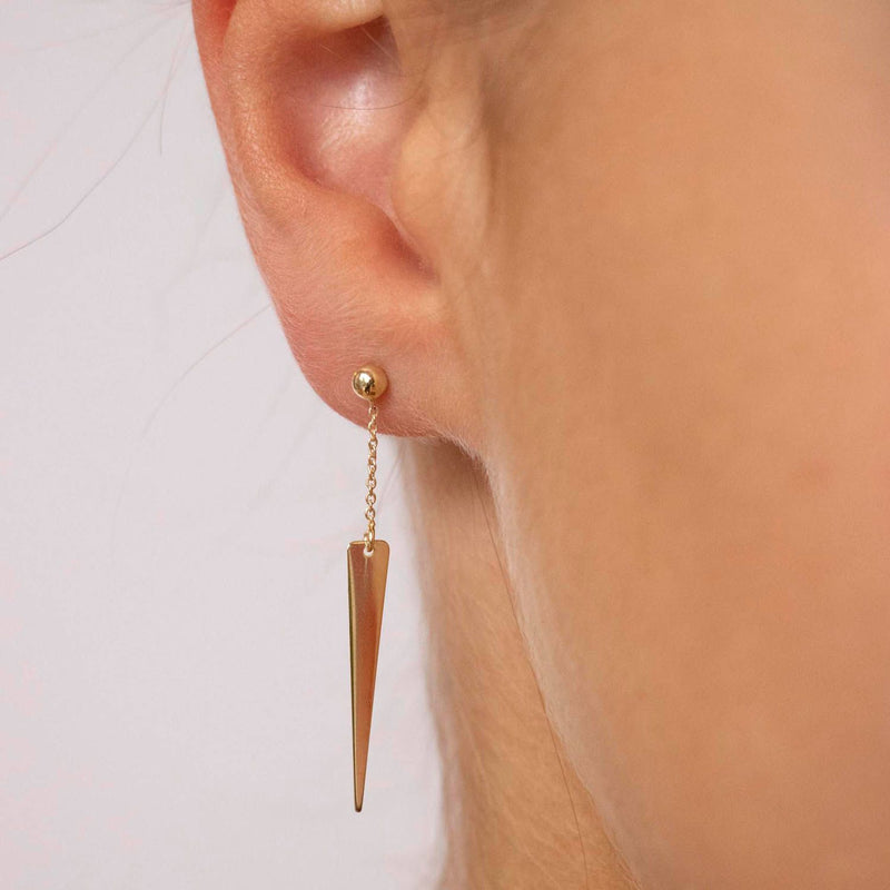 9K Yellow Gold Solid Spear Drop Chain Earrings