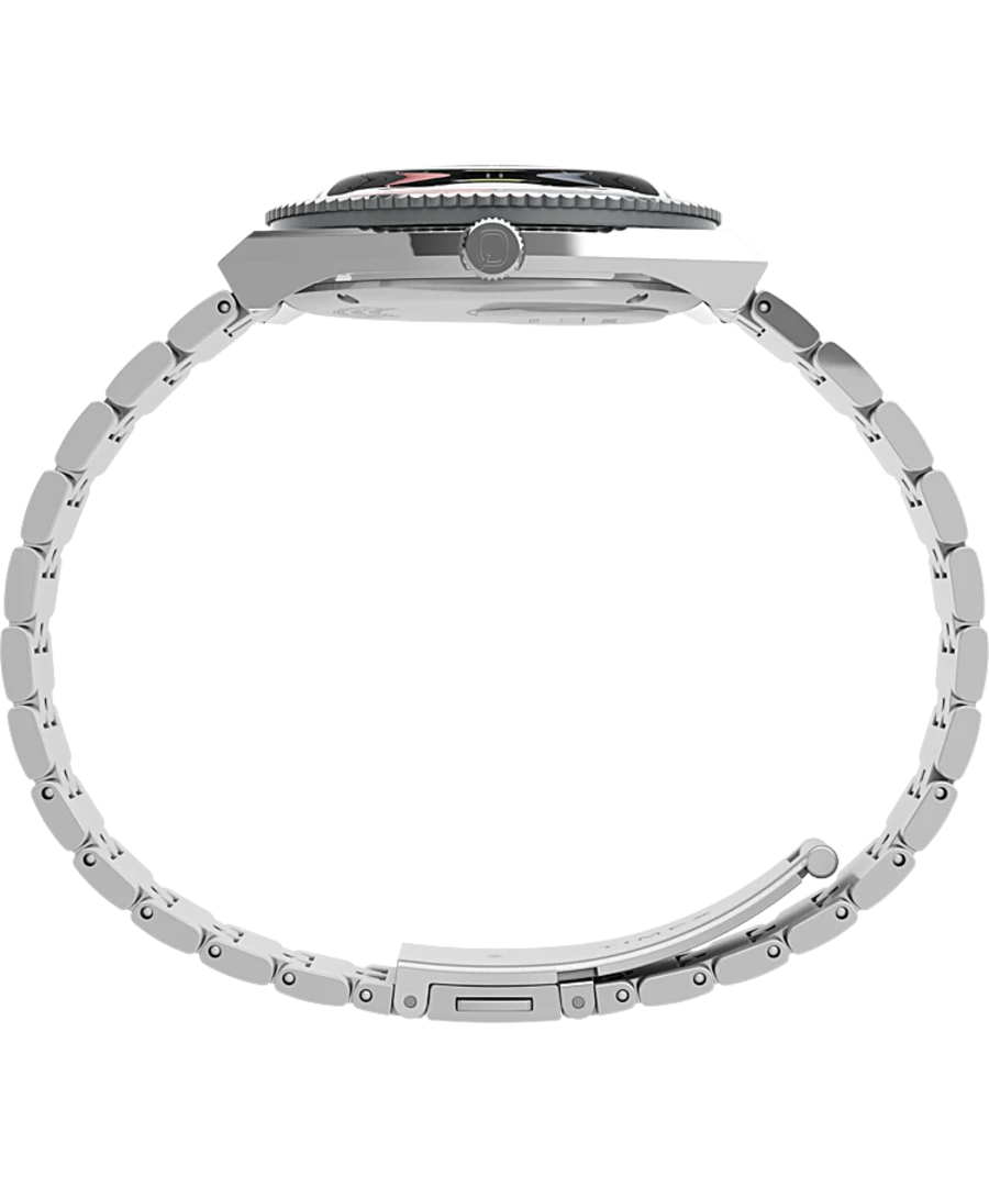 Silver wristwatch with a round face and metal link bracelet.