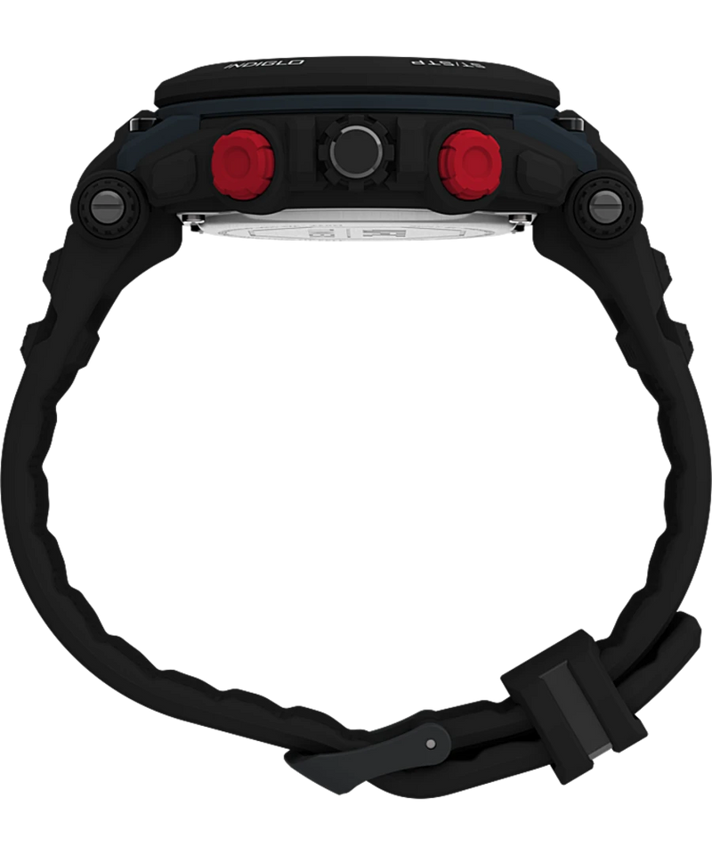 Black digital sports watch with red buttons and a rugged design.