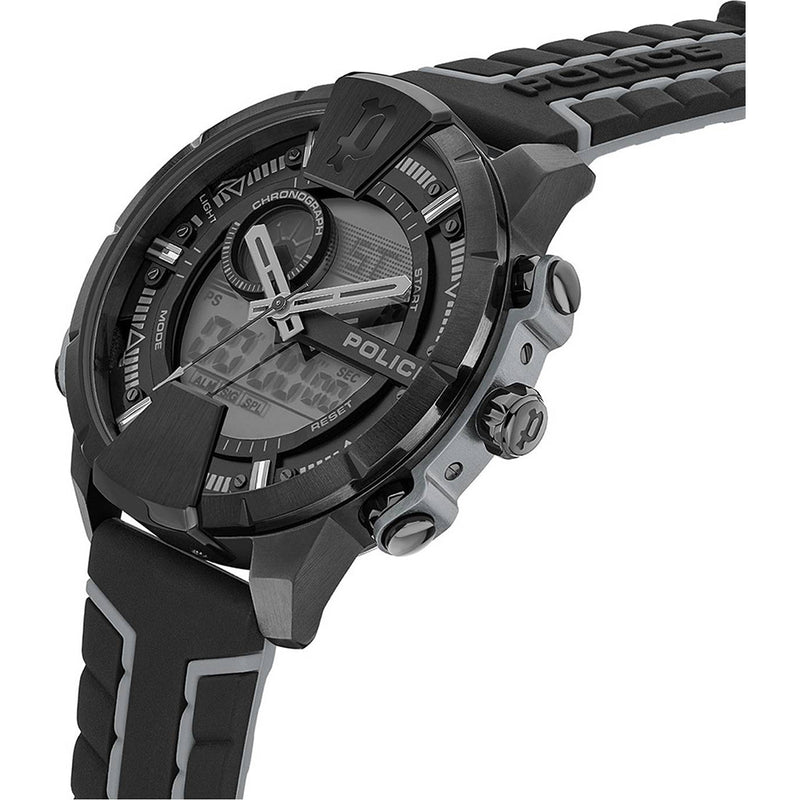 Black sports watch with digital and analog displays, featuring a rugged design and multiple buttons.