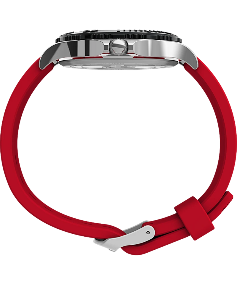 Wristwatch with a silver case and bright red rubber strap.