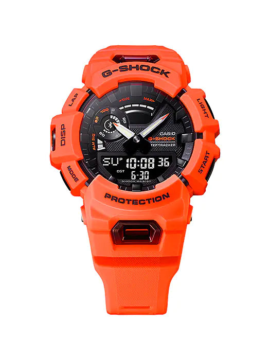 Bright orange G-Shock digital wristwatch with a black face.